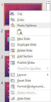 Right-click context menu for the slide within Slides Pane