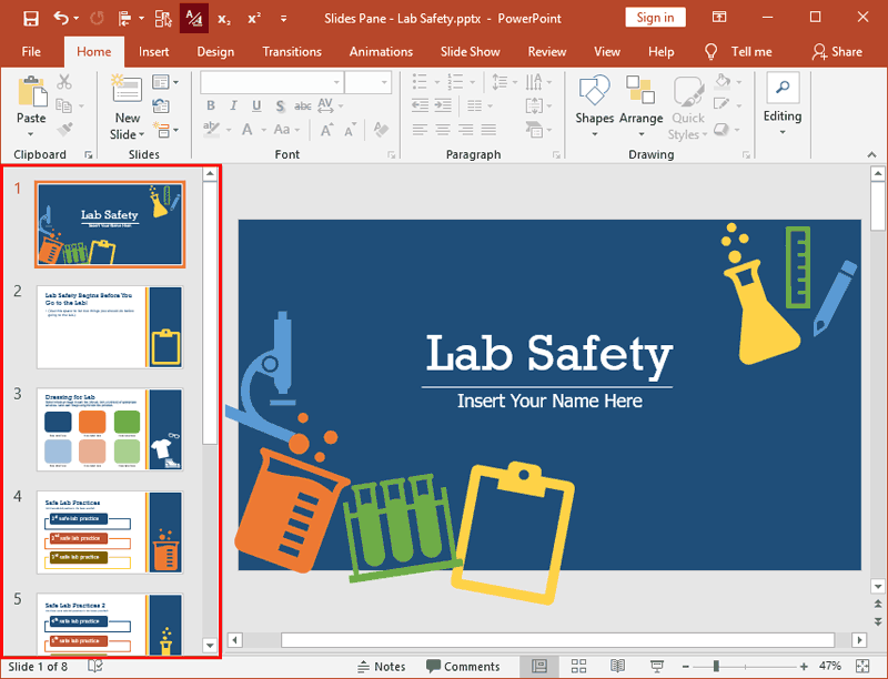 Slides Pane within the PowerPoint 2019 interface Slides Pane within the PowerPoint 2019 interface