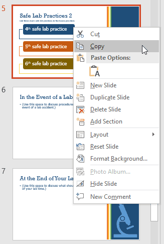 Right-click contextual menu for the slide within Slides Pane Right-click contextual menu for the slide within Slides Pane