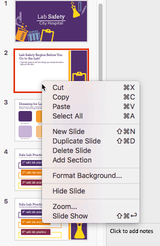 Right-click (or Ctrl+click) contextual menu for the slide within Slides Pane