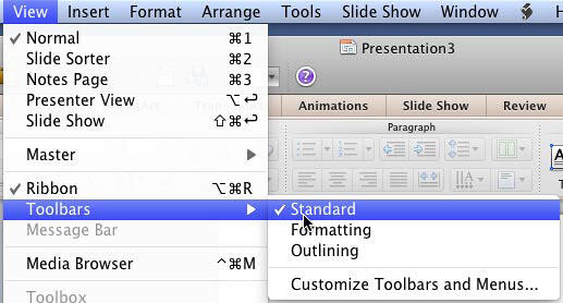 Standard Toolbar option in View menu Standard Toolbar option in View menu