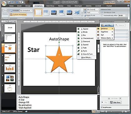 Selecting objects on the slide shows options in the Task Pane
