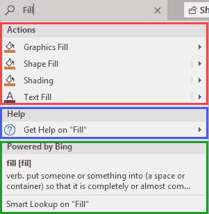 Options that the word 'fill' brought up for the selected shape