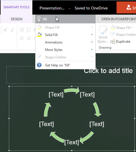 Options that the word 'fill' brought up for the selected SmartArt Options that the word 'fill' brought up for the selected SmartArt