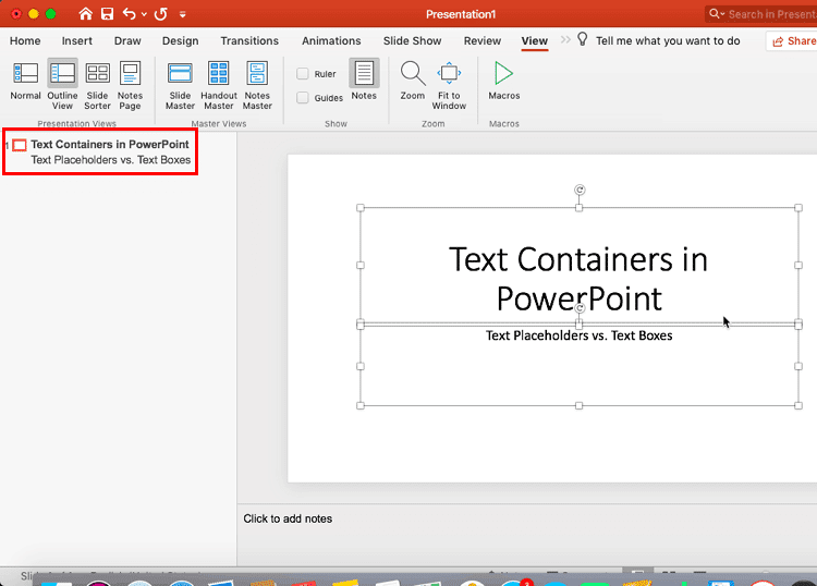 Outline view shows the text content of both the placeholders