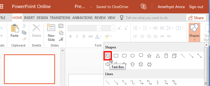 Text Box option within the Shapes drop-down gallery Text Box option within the Shapes drop-down gallery