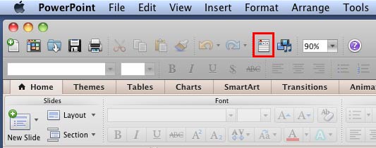 Toolbox button within the Standard toolbar in PowerPoint 2011