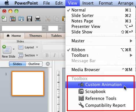 View menu options to enable Toolbox tabs