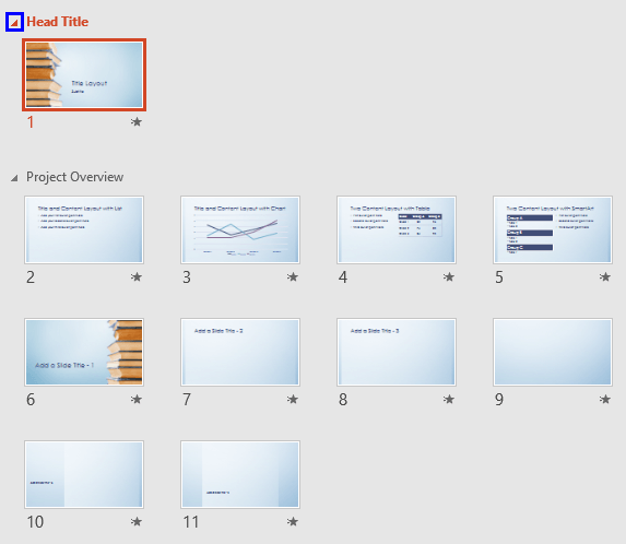 Arrow in front of the Section name Arrow in front of the Section name