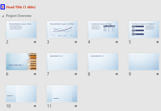 Rightward pointing arrow in front of the Section name Rightward pointing arrow in front of the Section name
