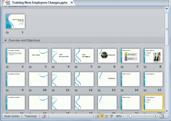 Sections with plenty of slides visible within Slide Sorter view Sections with plenty of slides visible within Slide Sorter view