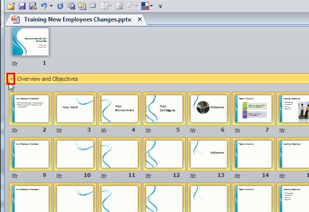 Arrow in front of the Section name Arrow in front of the Section name