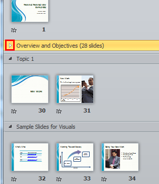 Rightward pointing arrow in front of the Section name Rightward pointing arrow in front of the Section name