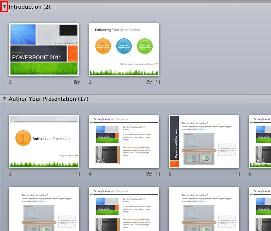 Downward pointing arrow in front of the Section name Downward pointing arrow in front of the Section name