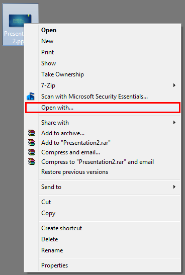 Open with option lets you choose the default PowerPoint version Open with option lets you choose the default PowerPoint version