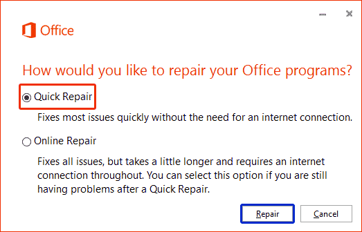 How would you like to repair your Office programs?