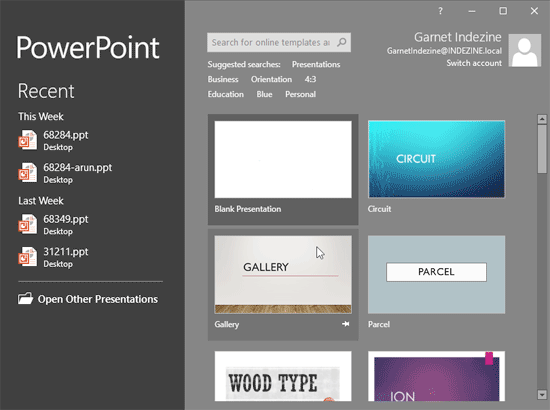 PowerPoint 2016's Presentation gallery