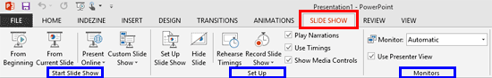 Groups within the Slide Show tab Groups within the Slide Show tab