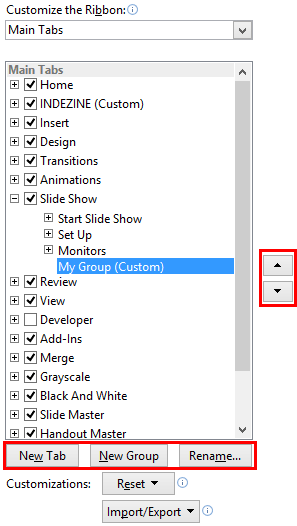 Custom Groups options within the PowerPoint Options dialog box Custom Groups options within the PowerPoint Options dialog box