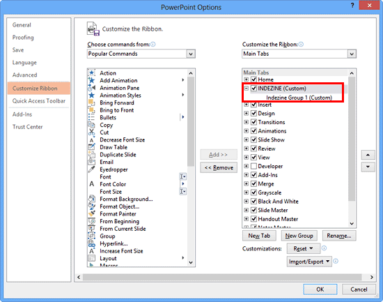 PowerPoint Options dialog box showing Custom group within new Ribbon tab PowerPoint Options dialog box showing Custom group within new Ribbon tab