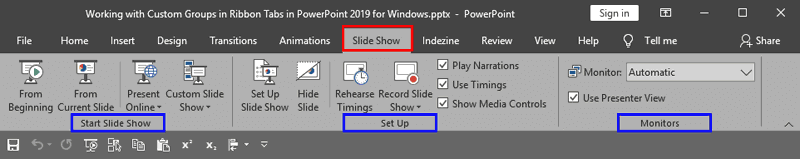 Groups within the Slide Show tab