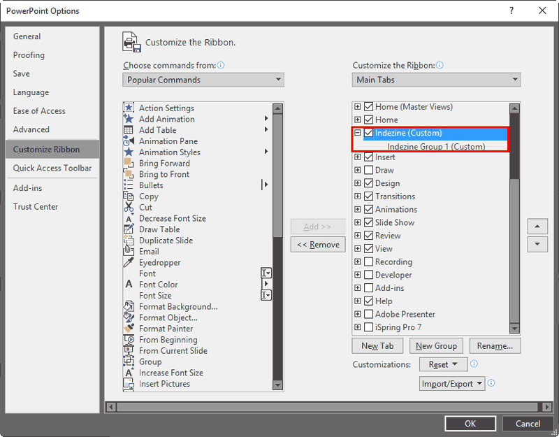 PowerPoint Options dialog box showing Custom group within new Ribbon tab