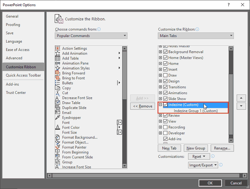 PowerPoint Options dialog box showing Custom group within new Ribbon tab