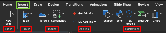Groups within the Insert tab Groups within the Insert tab