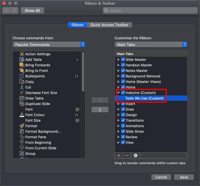Ribbon & Toolbar dialog box showing Custom group within new Ribbon tab Ribbon & Toolbar dialog box showing Custom group within new Ribbon tab