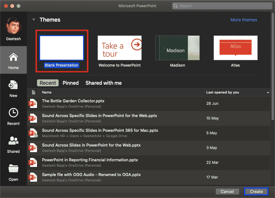 Home tab of Backstage view Home tab of Backstage view