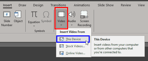 Insert Video From This Device option Insert Video From This Device option