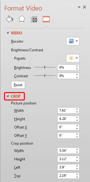 Crop option within the Format Video Task Pane Crop option within the Format Video Task Pane