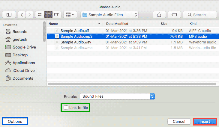 Choose Audio dialog box Choose Audio dialog box