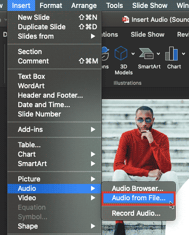 Audio from File option within Insert menu Audio from File option within Insert menu