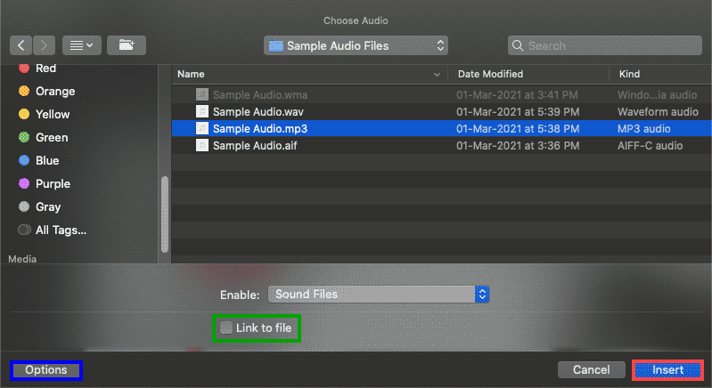 Choose Audio dialog box Choose Audio dialog box