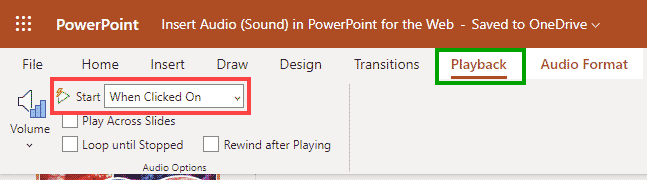 Audio Tools Playback tab of the Ribbon