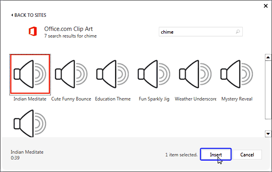 Insert Audio dialog box with results