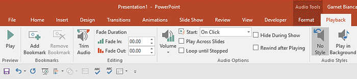 Audio Tools Playback tab of the Ribbon