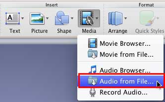 Audio from File option within the Media drop-down menu Audio from File option within the Media drop-down menu