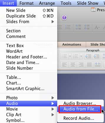 Audio from File option within Insert menu Audio from File option within Insert menu
