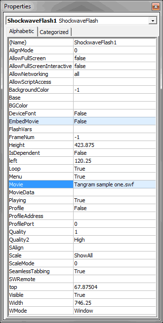 Properties pane with a link to the inserted Flash movie