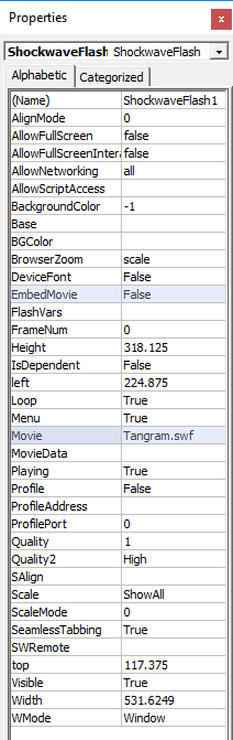 Properties pane with a link to the inserted Flash movie Properties pane with a link to the inserted Flash movie