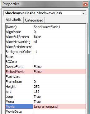 Properties pane with a link to the inserted Flash movie