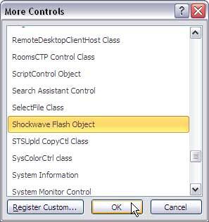 Select to place a Shockwave Flash Object control Select to place a Shockwave Flash Object control