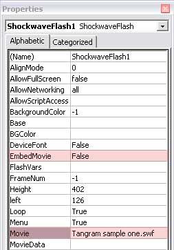 Properties pane with a link to the inserted Flash movie Properties pane with a link to the inserted Flash movie