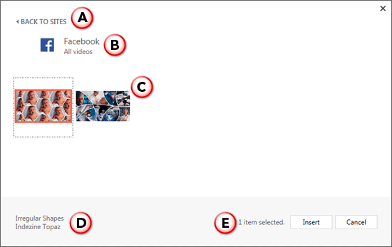 Window showing videos within the Facebook account Window showing videos within the Facebook account