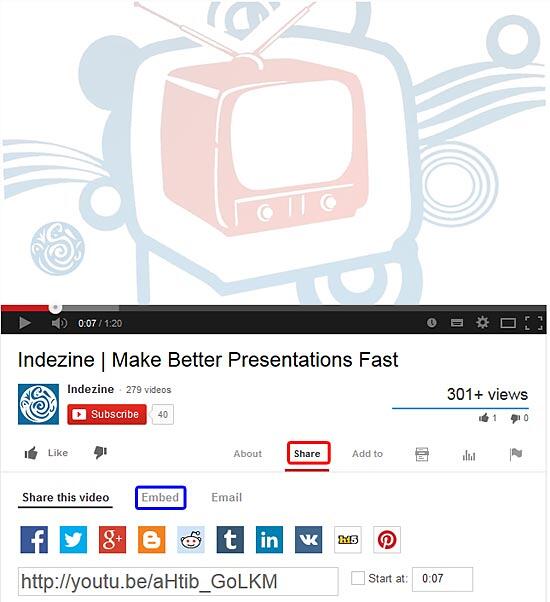 Share and Embed buttons within YouTube