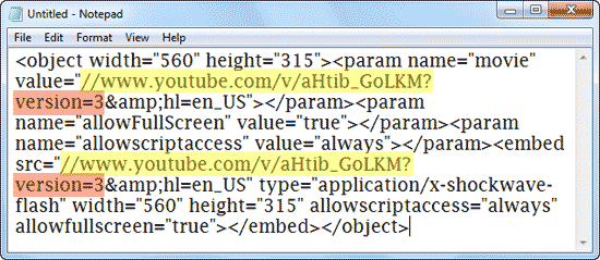 Old embed code copied within Notepad