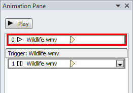 Animation listed for video clip within Animation Pane Animation listed for video clip within Animation Pane