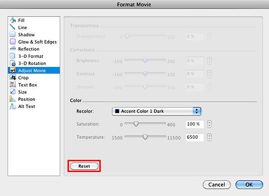 Movie Recolor options within the Format Movie dialog box